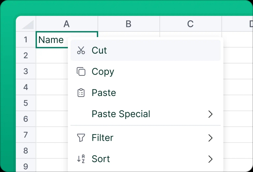 An image where a user right-clicking on a cell of the React Spreadsheet component to access frequently used shortcuts like cut or copy or filter